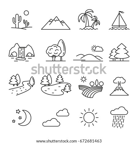 Landscape: thin monochrome icon set, black and white kit