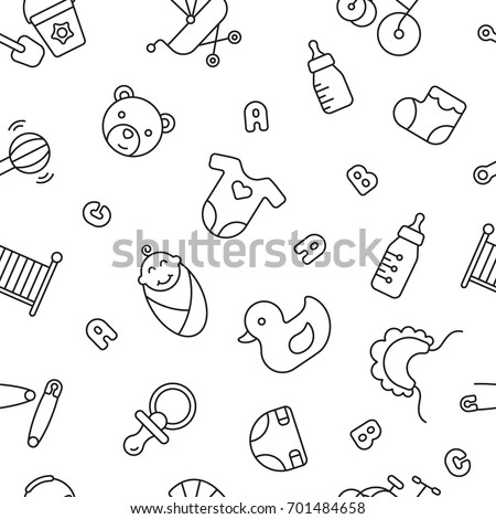 Seamless pattern with baby things, black and white icons