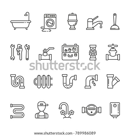 Plumber related icons: thin vector icon set, black and white kit
