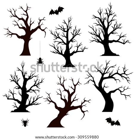 Halloween trees, spiders and bats on white background