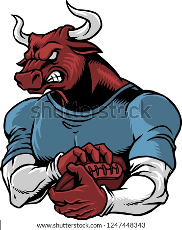 The illustration shows a bull that's playing rugby. He's strong, he has an athletic body shape and he's wearing a uniform. The bull is ready to throw the rugby ball. 