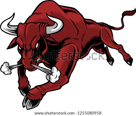 The illustration shows a raging bull. The wild animal has big horns and a strong body, he's very furious and he's attacking. 