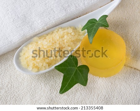Herb soap and Bath salts with cotton towel