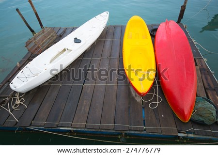 Kayaks on the wooden raft, It was taken after raining.