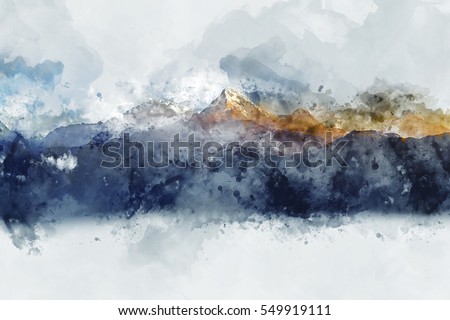 Abstract mountain ranges in morning light,  digital watercolor painting