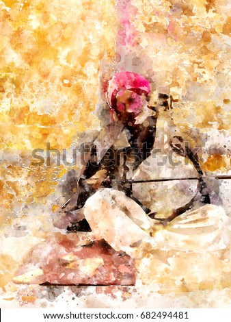 Watercolor painting of Local street musician in Rajasthan, India. Digital illustration