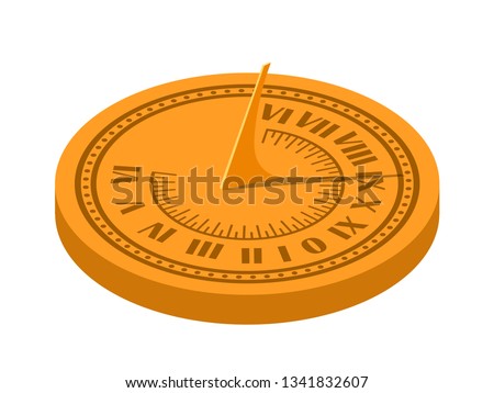 Color isometric vector image of a sundial on a white background. Sundial in Flete Cartoon style. Stock isometry style vector illustration