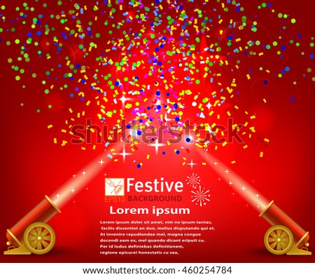 Bright festive red background with confetti and two firing cannons. Circus festival background. Stock vector illustration