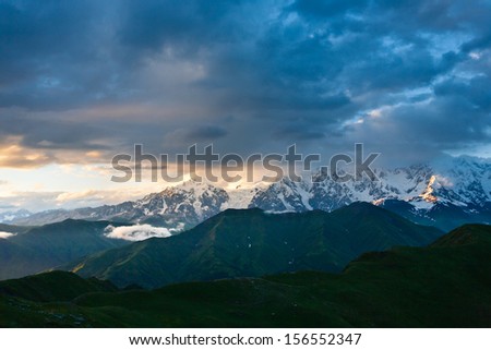 Magic mountain landscape with great sunset, Georgia.