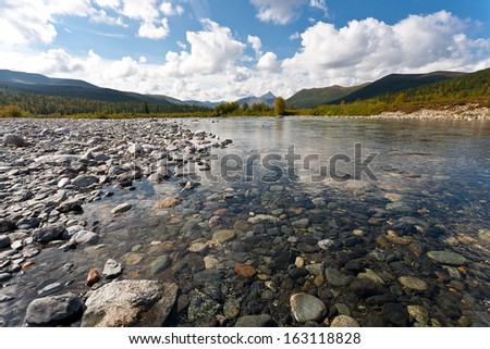 Mountain landscape with lake, Ural Mountains, Russia.