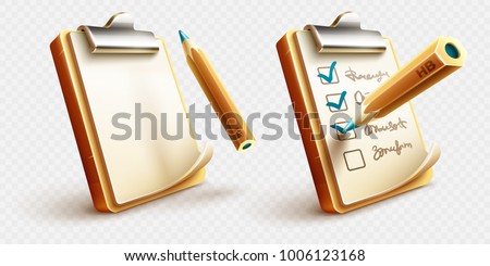 Icons of checklist things to do on clipboard with paper sheet and pencil drawing ticks checking selection marks. Eps10 vector illustration.