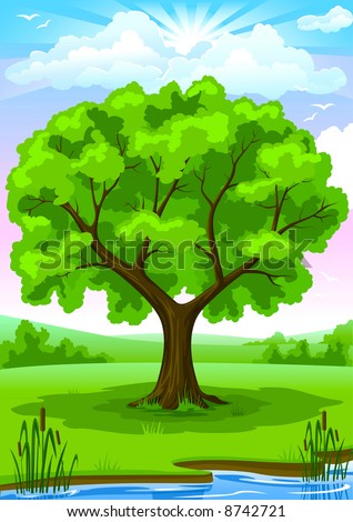 Summer landscape of green river coast with old oak tree and blue sunny sky vector illustration