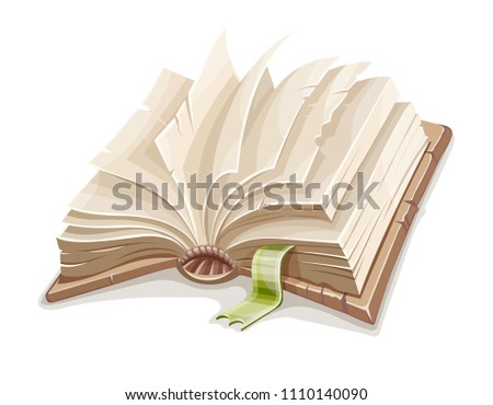 Old open book spread with blank paper pages and bookmark. Education and literature symbol of reading, learning and studying, isolated on white background. EPS10 vector illustration.