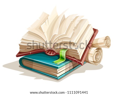 Magic book from fairy tale with spreading pages. Book spreadsheet and vintage paper manuscripts with torn page. Isolated on white transparent background. EPS10 vector illustration.