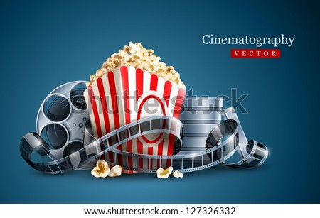 movie film reel and popcorn cinematography concept. EPS10 Vector Illustration.