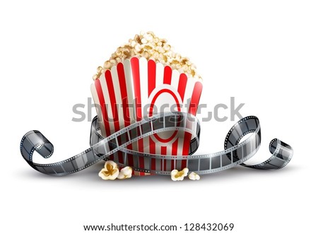 paper bag with popcorn and movie reel vector illustration isolated on white background EPS10. Transparent objects used for shadows and lights drawing.