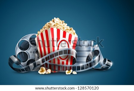 movie film reel and popcorn vector illustration on the blue background EPS10. Transparent objects used for shadows and lights drawing. Vector Illustration.