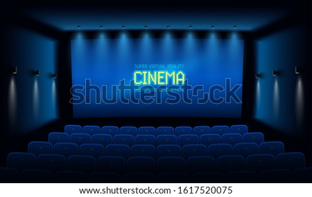 Empty movie theatre. Dark cinema hall with with blue screen. Modern movies theater for festivals and films presentation. Interior design. Online Cinema concept. Vector illustration.