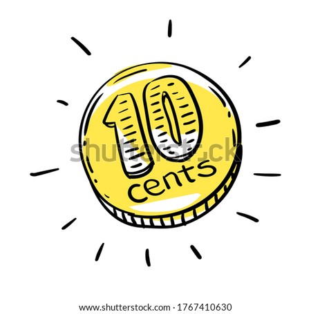 10 cents coin of very small amount of money. Gold Coin shining currency symbol. Best offer and super sale price creative concept. Vector illustration.