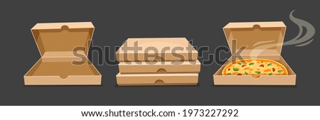 Pizza boxes. Closed and open bardboard box vector. Opened pizza fast food takeaway packaging with smoke. Simple flat style. Vector illustration.