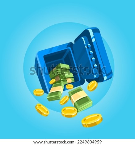 Open safe. Money inside. Gold coins dollars in stacks falling down. Bank equipment financial business. And paper cash packs. Cartoon icon on blue background. Vector illustration