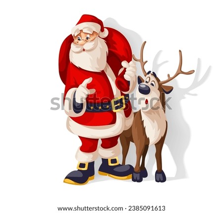 Merry Christmas Santa Claus Cartoon Character with big red Sack of gifts and his friend reindeer animal. Isolated santa cartoon character for christmas. Vector illustration.