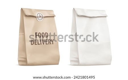 Kraft paper bags for fast-food delivery. Food Delivery Service Bag with sticker caffe or restaurant branding. Realistic mockup. Vector illustration.