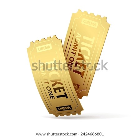 Two Gold cinema tickets for retro movie theater. Isolated on white background. Cinematography icon. Vector illustration.