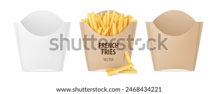 French fries packs set. Fried french potatoes kraft paper box. Snack fast food takeaway. Popular roasted potato chips sticks snack packing, isolated white background. Realistic. Vector illustration.