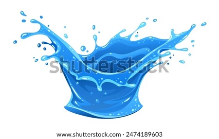 Blue Water fluid splash crown flow with bubbles and drops isolated on white background. Melted pure water cool ice drink for food beverages packaging design. Vector illustration.