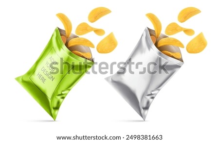 Metallic packaging with crispy potato chips flying out of the bag. Pack mockup for snack food refreshment. Isolated on white background. Vector illustration.