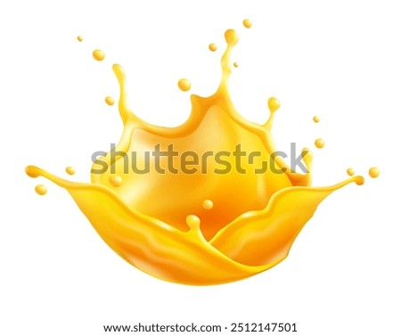 Orange juice splash with spray and drops of fruity sweet drinking water. Realistic orange liquid bubbles, isolated on white background. Vector illustration.