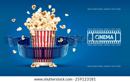 Popcorn for movie theater and online cinema reel on blue background. Eps10 vector illustration. Paper package full of jumping popcorns and film tape for cinematography.  Imagine de stoc © 