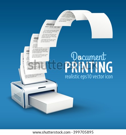 Printer printing copies of text to paper with copyspace vector icon. Illustration. Pages document sheets moving from device, smart modern office concept.