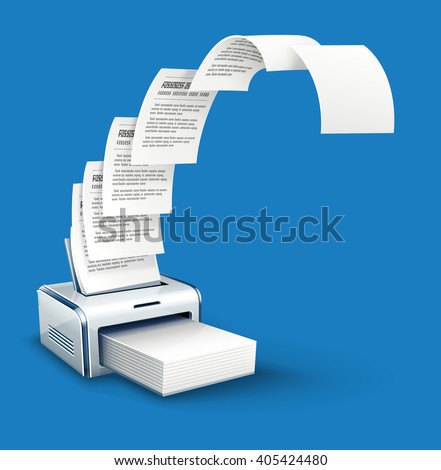 Printer printing copies of text to paper with copyspace vector icon. White blank pages moving from printer. Office work concept with copying paper documents device. 