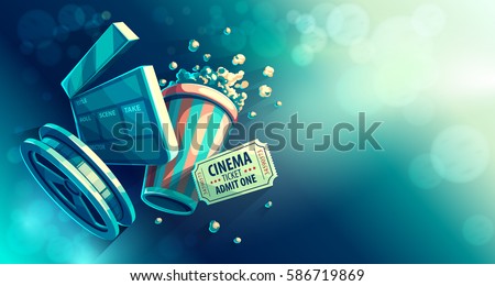 Online cinema art movie watching with popcorn and film-strip cinematograph concept vintage retro colors vector illustration