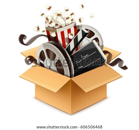 Full cardboard box filled cinema and filmmaking equipment cinefilms. Director's firecracker, disk with reel, isolated on white background. Eps10 vector illustration.