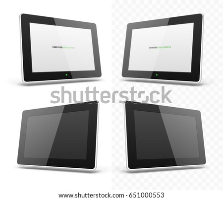 Mobile device hd tablet smartphones templates set with turned on and off displays. Realistic eps10 ipads vector illustration of modern technologies and devices.