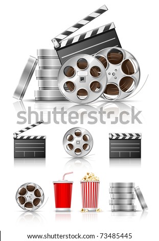 set of objects for cinematography clapper and film tape vector illustration isolated on white background
