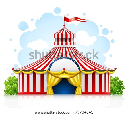 striped strolling circus marquee tent with flag vector illustration isolated on white background