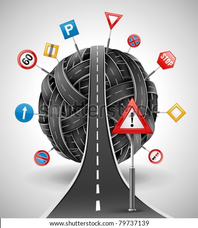 tangle ball of roads with signs vector illustration