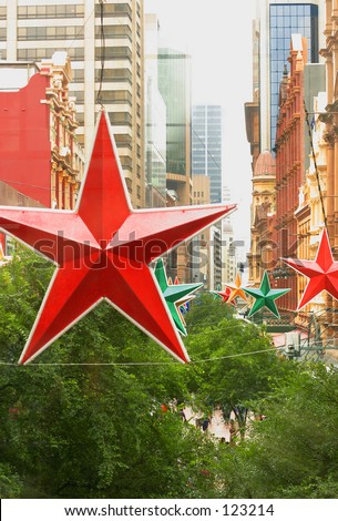 City of Stars!   Modern and historic buildings  decorated with stars in business district