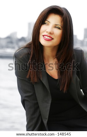 Businesswoman in grey pinstripe suit