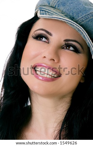 Smiling woman wearing a  denim cap
