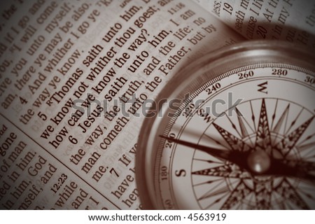 A compass with pointer pointing to Jesus and verse John 14:6    I am the way the truth and the life.....  Focus to bible text.