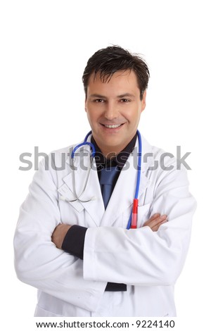 Friendly smiling doctor stands casually with arms crossed.  He has an ID badge and a stethoscope around his neck- white background