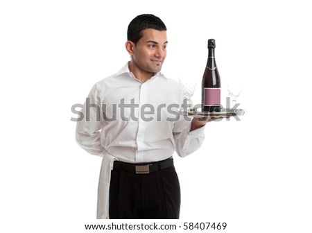 A waiter, servant or bartender looking at a wine product on a silver tray and smiling.  White background.