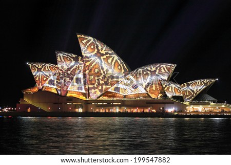 SYDNEY, AUSTRALIA - JUNE 2, 2014;  Vivid Sydney Festival, reptile snakeprint pattern projected onto the  Sydney Opera House i during Vivid  annual festival of light, music and ideas