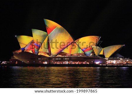 SYDNEY, AUSTRALIA - JUNE 2, 2014;  Vivid Sydney Festival, beautiful bright geometric colourful imagery projected onto the  Sydney Opera House  during Vivid  annual festival of light, music and ideas