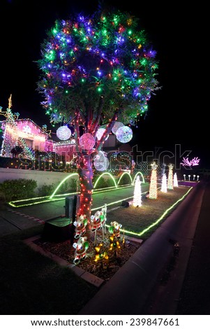 BEAUMONT HILLS, AUSTRALIA - DECEMBER 24, 2015;  Christmas lights decorations on house and gardens create a joyful wonderland and  draw crowds of visitors each year with over 60000 lights